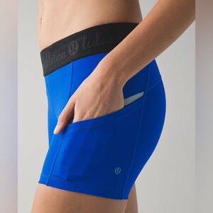 Lululemon Sz 6 What The Sport Short Harbor Blue Logo Pockets Compression 4”